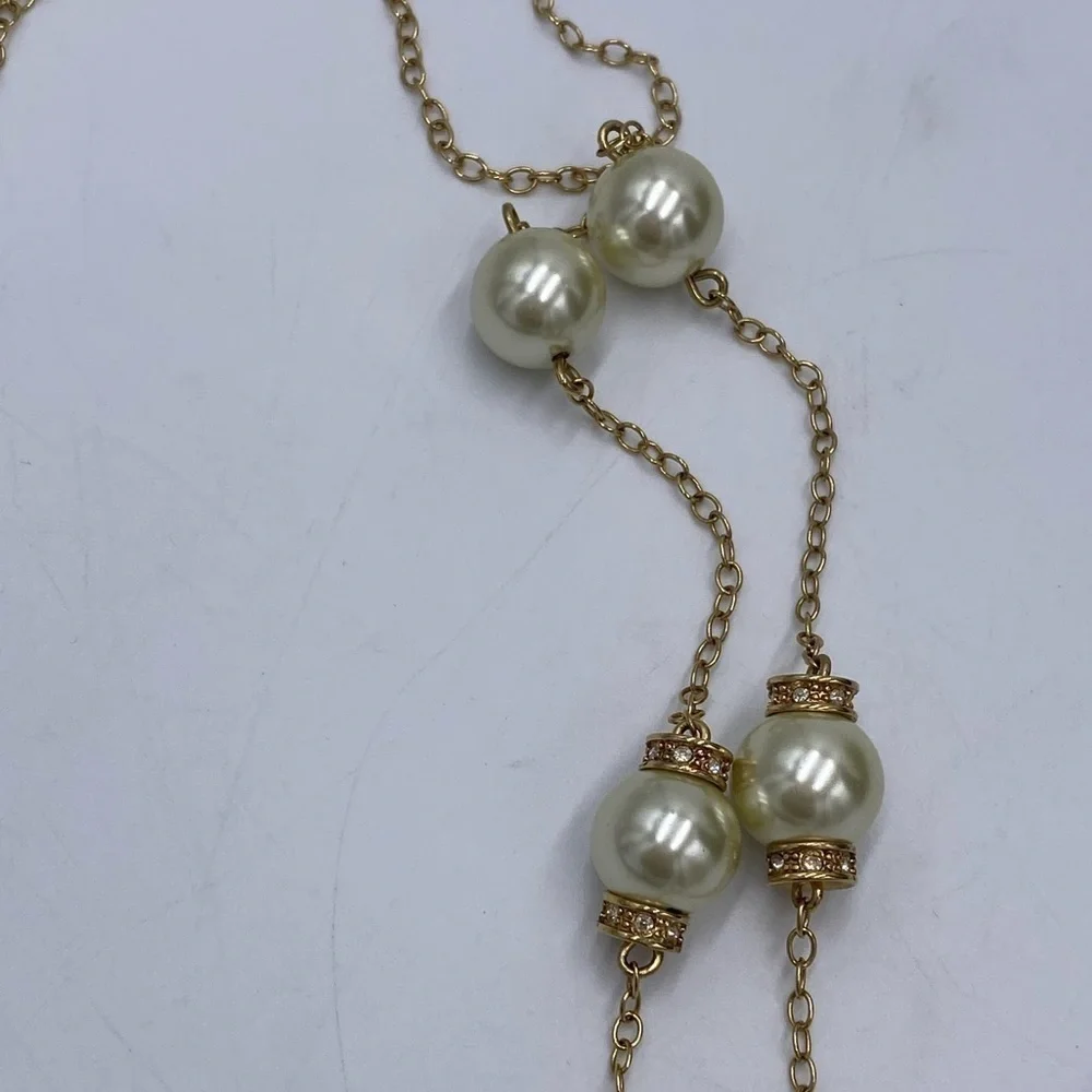 J. Crew Faux‎ Pearl and Rhinestone Necklace Long Strand Necklace Gold Tone